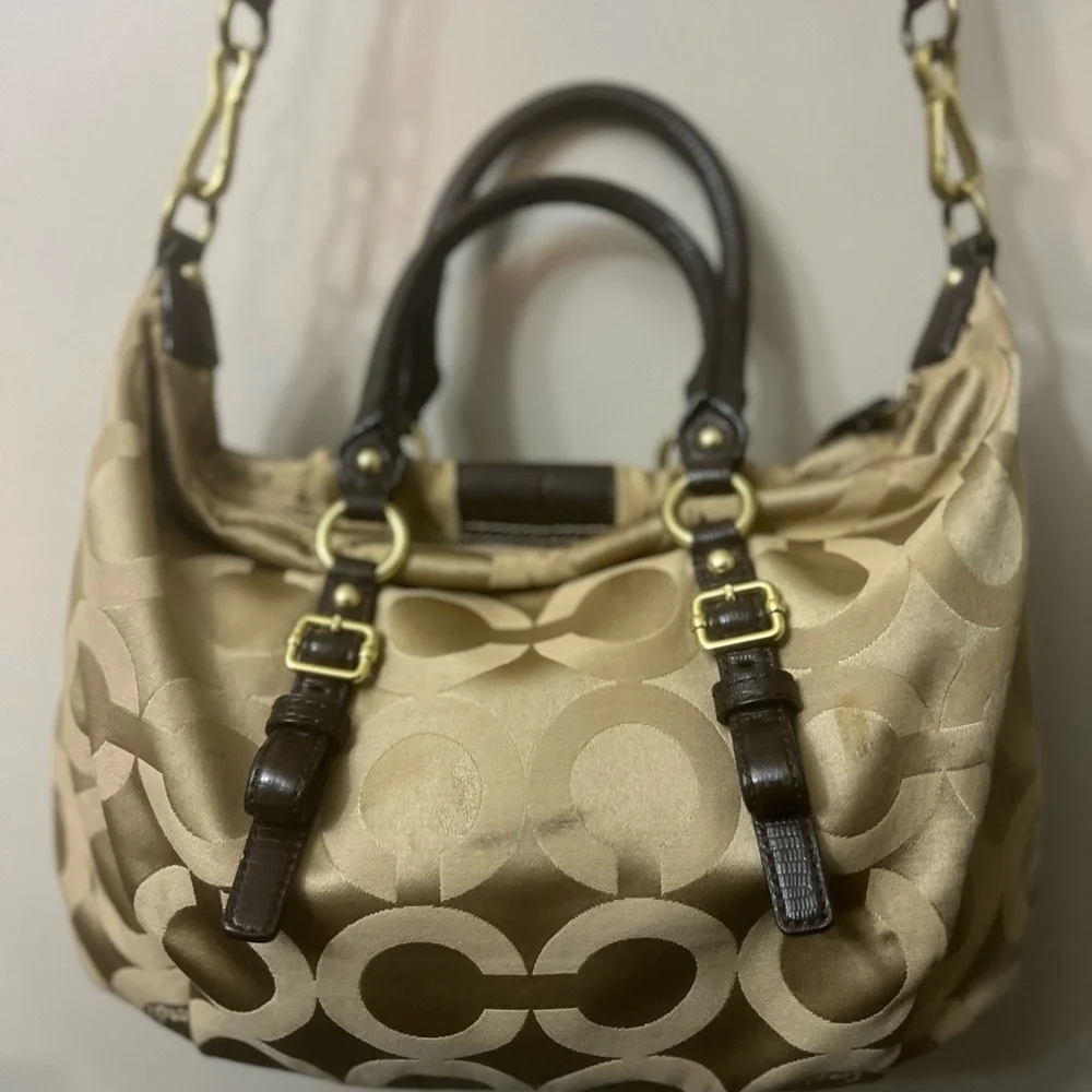 COACH Madison Audry Signature C Logo Khaki Sateen & Leather Shoulder Bag#21124